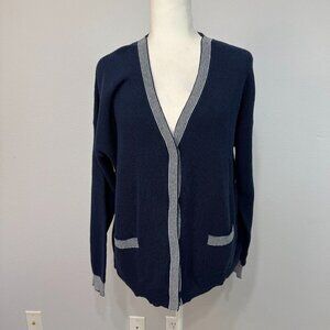 Margaret O'Leary Women's Organic‎ Cotton Cardigan Sweater V Neck Rib Knit Navy L